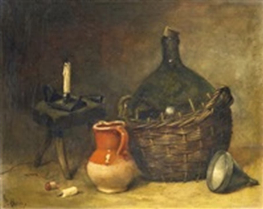Antoine-Ferdinand Attendu, 18xx, Kitchen still-life with wine balloon and clay jug as well as a stool and candlestick, 23x30, Axx (iR13;iR1). Compare: SdAF-1884-53: La Terrine.
