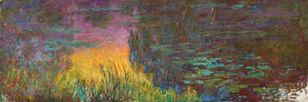 Claude Monet: 1920-1922, Water lilies, sunset, 200x600cm, l'Orangerie (iRx;R22IV,p972;M3)