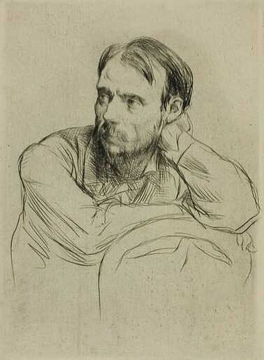 Marcellin Desboutin: 1877, Portrait of Pierre Renoir, drawing, 16x12, Chicago AI (iRx;M20)