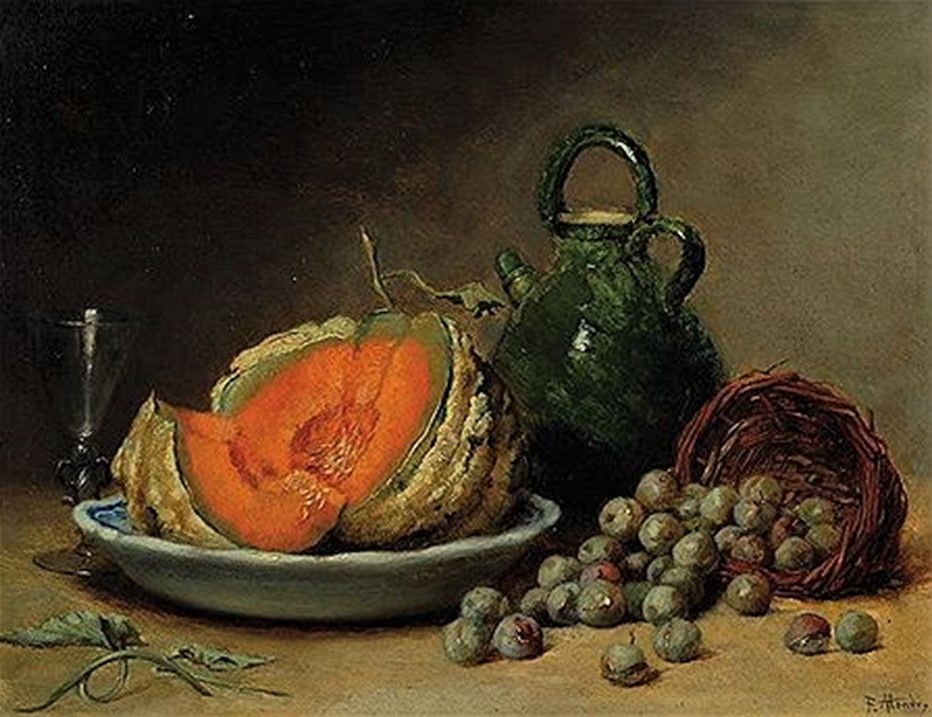 Antoine-Ferdinand Attendu, 18xx, Kitchen still-life with calabash and olives, xx, Axx (iR41;iR1). Compare: SdAF-1885-76: Le potiron.