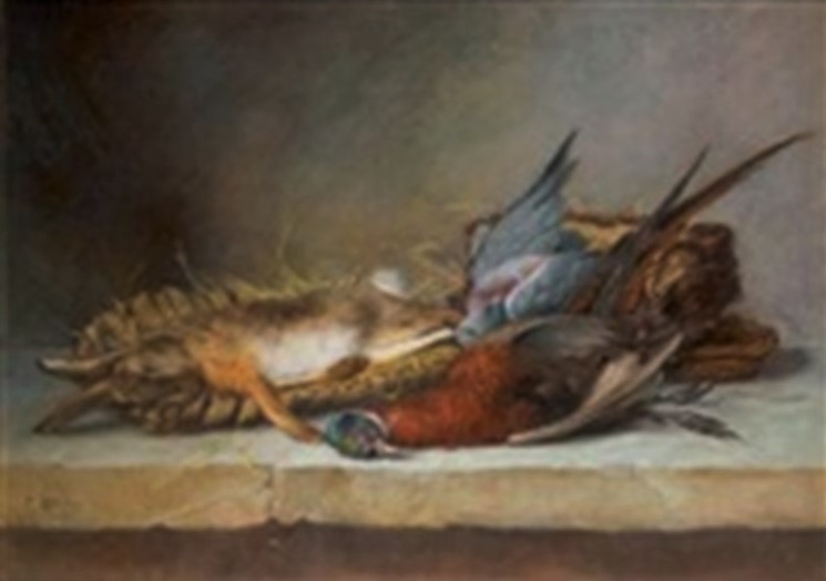 Antoine-Ferdinand Attendu, 18xx, Nature morte de chasse au lapin, faisan et au pigeon (Hunting still-life with Rabbit, Pheasant and Pigeon), pastel, 71x98, Axx (iR13;iR1). Compare: S1875-47, Lapin de garenne; and: SdAF-1888-2615, Le lapin de garenne, pastel(?).