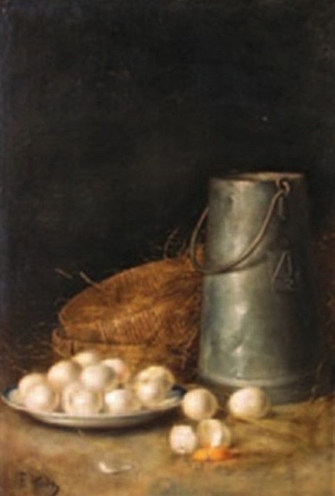 Antoine-Ferdinand Attendu, 18xx, Nature morte aux oeufs (Still-life with eggs), 81x54, Axx (iR13;iR1). Compare: SdAF-1886-2511, les oeufs, pastel.