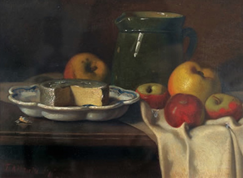 Antoine Attendu, 1876, Still-life with cheese and apples, 25x35, xx (iRx;iR1) Compare: SdAF-1880-95, Pommes; 78x140cm and: SdAF-1889-2802, Le livarot, pastel.