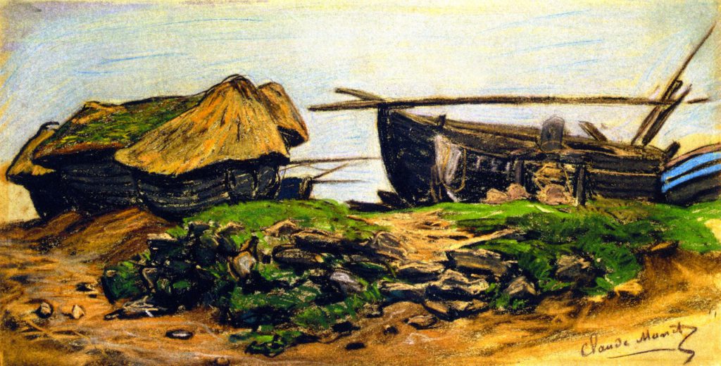 Claude Monet, 1IE-1874-102, Un croquis (pastel). Maybe??: 1868ca, Caloges and Boat at Étretat (or: près d'Étretat), 21x41, IMJ Jerusalem (iR2;R2,p121;M130)