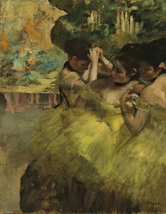 Edgar Degas, 2IE-1876-47, Coulisses = CR512, 1876-80ca, Yellow Dancers (in the Wings, preparing for the ballet), 73x60, AI Chicago (iR2;R26,no726;R114,no512;R2,p161+149;R90II,p35+49;R90I,p86+290+103;M20)