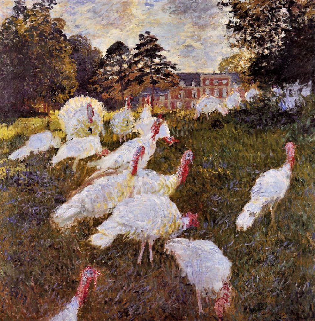 Claude Monet: 3IE-1877-101 Les dindons (décoration non terminée) = CR416, 1877, Turkeys (at the Château de Rottembourg at Montgeron), 172x175, Orsay (iR2;R2,p225;R90II,p94;R22+R127,CR416;M1,RF1944.18) =GP1889-31 =17LE-1910-147