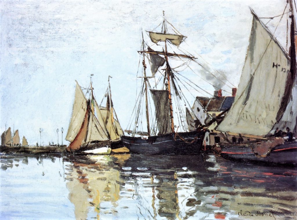 Claude Monet, S1867-R2 (=CR77). Compare: 1866-67, CR77a, Boats in the Port of Honfleur, 49x65, private (iRx;R22,no77a)
