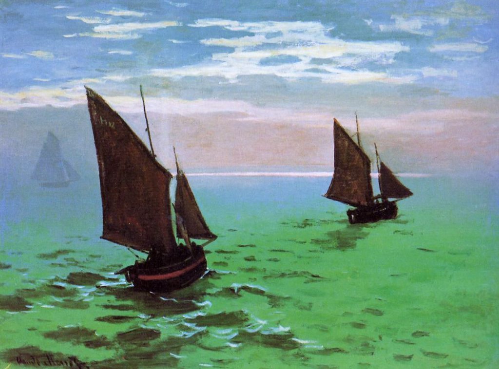 Claude Monet: S1869-R1 = CR126, 1868-69, Fishing Boats at Sea, 96x130, HSM Farmington (iRx;R22,no126;M39) Painted in the presence of Astruc. Wrongly suggested for 1IE-1874-96, Le Havre, Bateaux de pêche sortant du port (R87,p243;R2,p121)