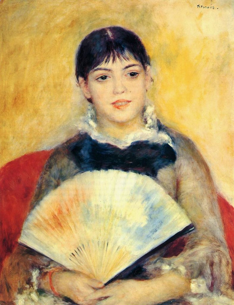 Auguste Renoir: 7IE-1882-160, Femme à l'éventail = 1880ca, CR332, Woman with a Fan, 65x50, Hermitage (iR2;iR59;R2,p395+376;R90II,p212+232;R108,no332;R15,p207;M95)