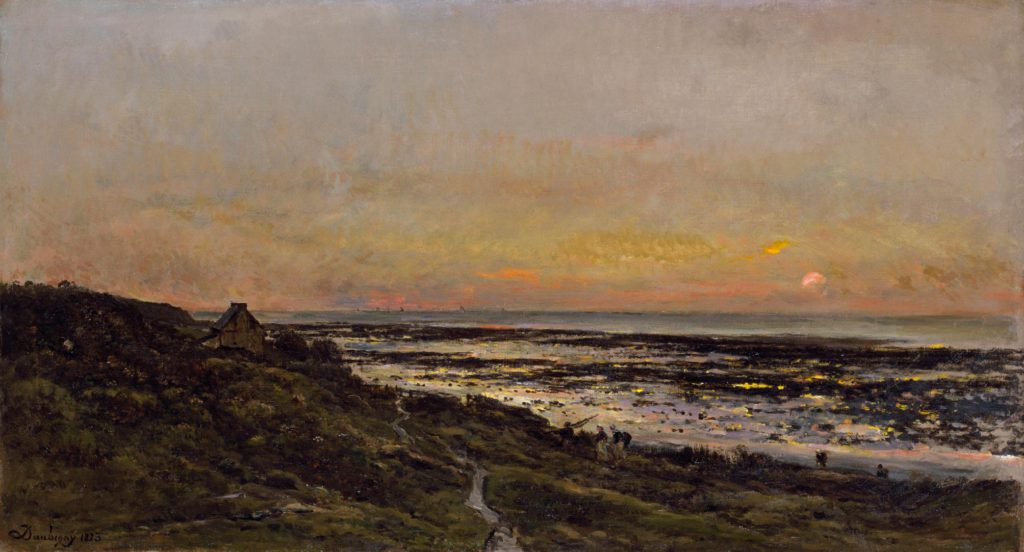 Daubigny (1817-78): 1873, The Beach at Villerville at Sunset, 77x141, CMA Norfolk (iR2;iR8;iR1;M169) =!? S1873-414, Plage de Villerville-sur-Mer (Calvados); soleil couchant