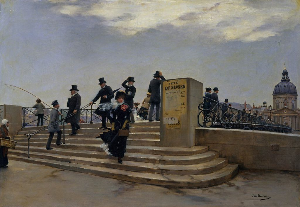 Jean Béraud (1849-1936): 1880-81ca, A windy day on the Pont des Arts, 40x57, Metropolitan (iR2;M23)