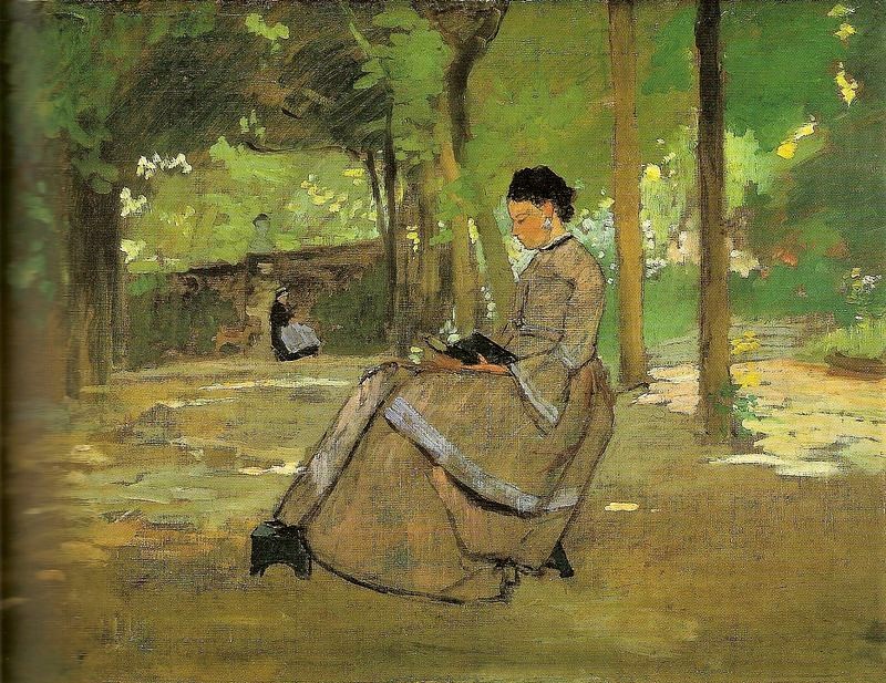 Henri Rouart, 1880-85ca, Hélène Rouart reading in the garden in Melun, 45x60, private (aR20;aR23;R92,no16;R89,no62)