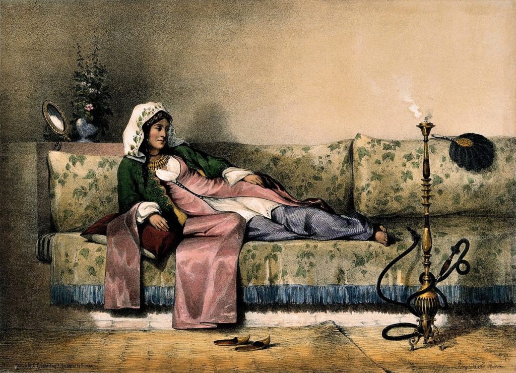 Pierre-Isidore Bureau: 1870ca, A Muslim lady reclining in her harem by a smoking hooka (after E. Prisse d'Avennes), litho wc, 25x35, xx (iR5; iR20; aR1)