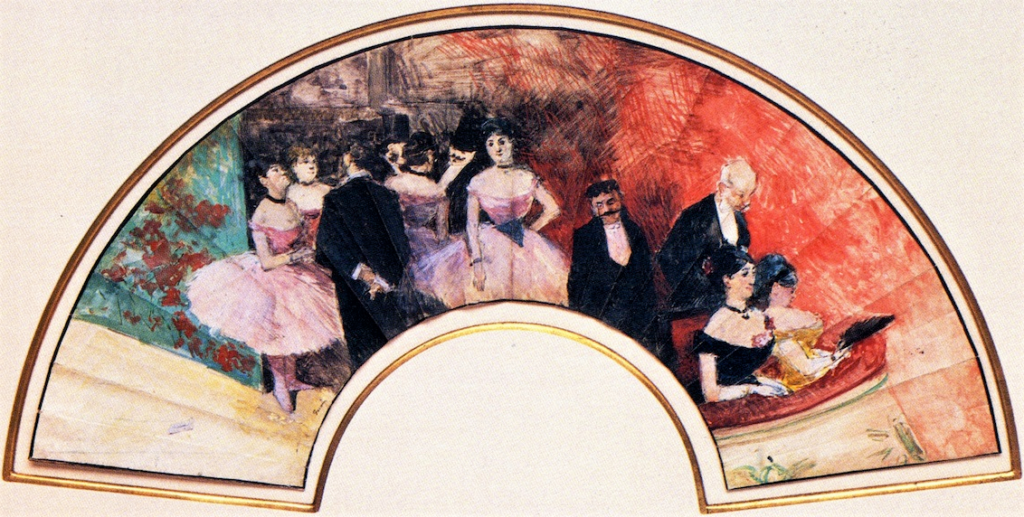 Jean-Louis Forain, 4IE-1879-101, Un éventail. Maybe: 1879ca, Evening at the Opera, gouache, 17x59, DGG Memphis (iR2;iRx;R2,p268;M160)