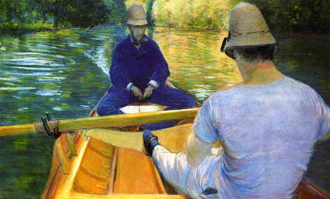 Gustave Caillebotte, 4IE-1879-27, Canotiers (pastel). Now: 1877, CR77+84, Boaters on the Yerres, pastel, 52x86, private Paris (iR2;R2,p267;R90II,p107+125;R101,no77;R102,no84+p283)
