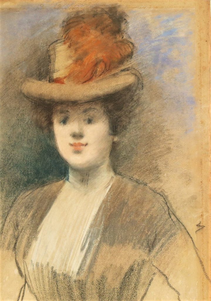 Jean-Louis Forain, 6IE-1881-25, Portrait de Mlle Madeleine C…, pastel. Very uncertain: 1xxx, portrait of a woman (with a red plume hat), pastel, 55x39, A2017/05/11 (iR11;R2,p354)