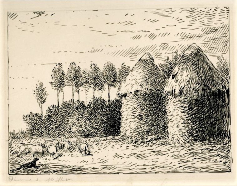 Léopold Levert, 18xx, paysage (Maybe: HD1883/02/26-108, Meule de blé dans la Brie), dr, 14x18, A2017/03/25 (iR10;aR3;aR2)). Compare: Millet, 1873-74ca, Haystacks, autumn, 85x100, Metropolitan (iR6;M23)