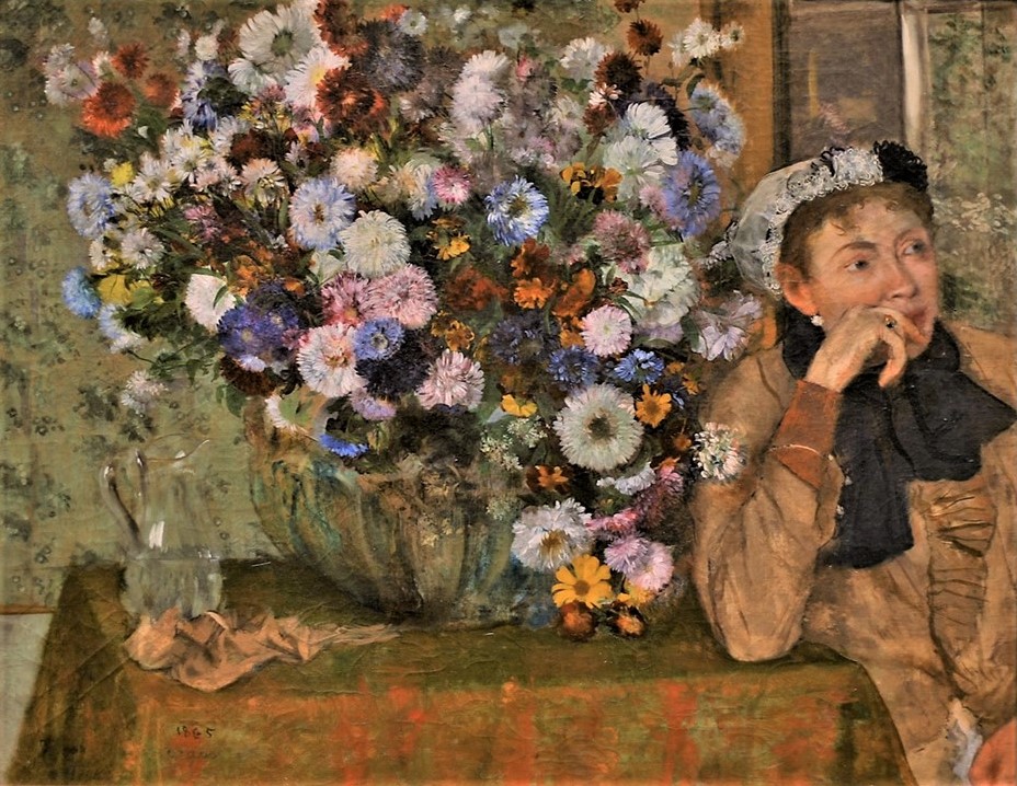 Edgar Degas, 1865, CR125, Femme aux chrysanthèmes (A Woman Seated beside a Vase of Flowers; Mme Hertel), 74x93, Metropolitan (iR2;R26,no210;R47,p36;R114,no125;M23). Note the portrait is cut of at the edge.