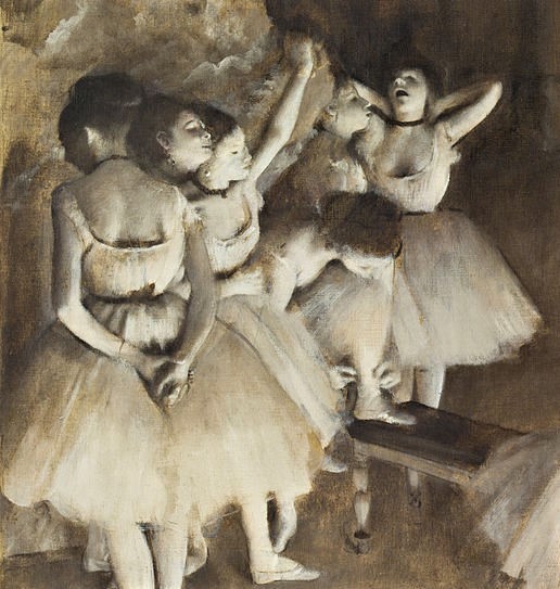 Edgar Degas: 1873-74, CR340, Salle de danse (ballet rehearsal on stage) (detail), grisaille, 65x81, Orsay (iR2;iR59;R90II,p7+22;R26,no470;R114,no340;M1) Compare: 1IE-1874-60, répétition de ballet sur la scène, dessin. Note the (unusual) gestures.