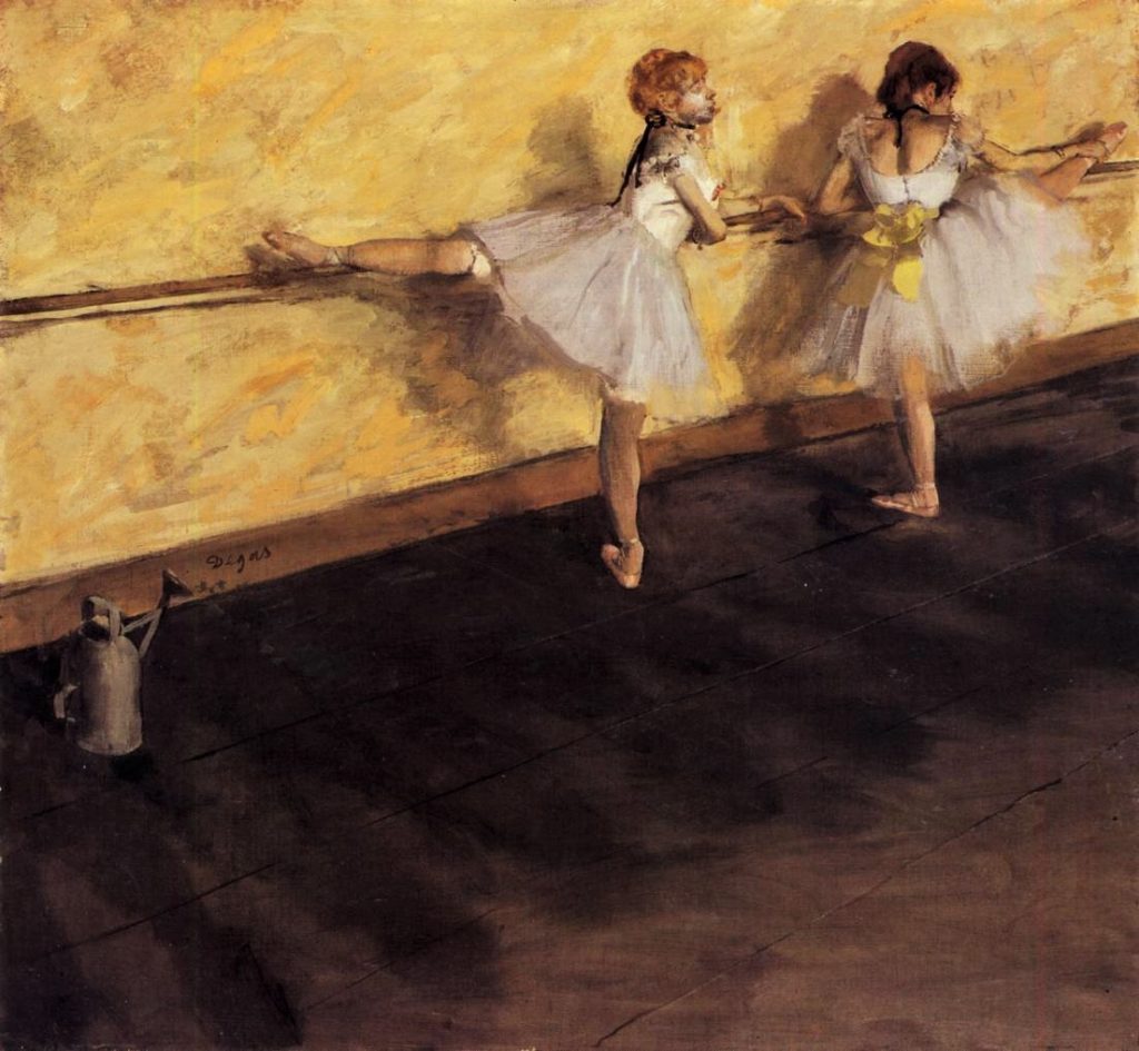Edgar Degas: 3IE-1877-41, Danseuses à la barre. Option 1: 1876-77, CR408, Dancers Practicing at the Barre, thinned oil, 75x80, Metropolitan (iR2;iR59;aR23;R90II,p72+90;R2,p204+217;R26,no497;R114,no408;M23). Rouart collection (R45).