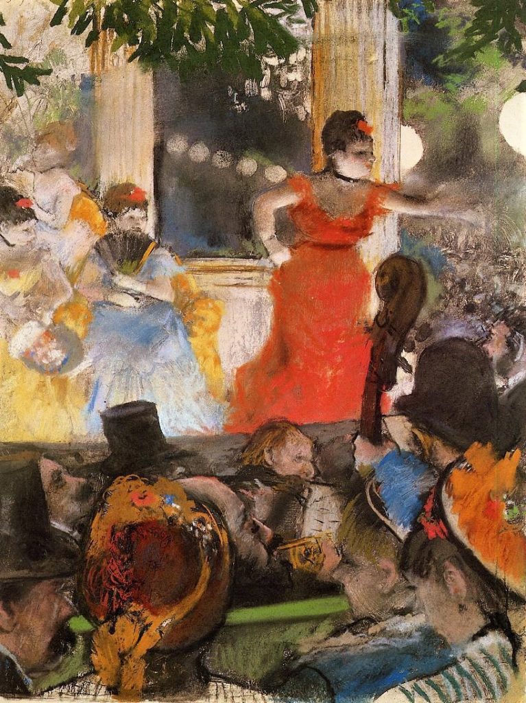 Edgar Degas: 3IE-1877-44, Café-concert =!? 1875-77ca, CR405, Café Concert at ´Les Ambassadeurs´, pastel over monotype, 37x27, MBA Lyon (iR2;iR59;R26,no413;R2,p204+354;R90II,p73+90) =? 6IE-1881-19+hc3-1, (Drawings and sketches: Chanteuses en scène). Note the effect of light and the low perspective.