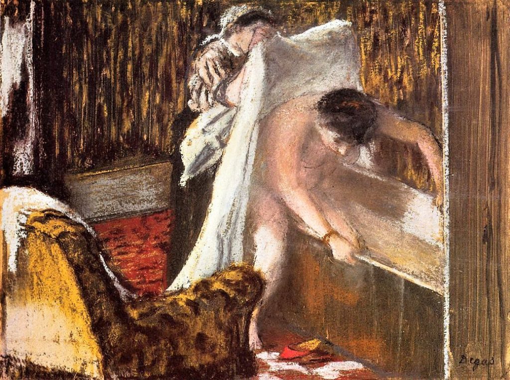 Edgar Degas, 3IE-1877-45, Femme sortant du bain; appartient à M. C. =!? 1877ca, CR422, Woman Leaving Her Bath, pastel on monotype (lithograph), 16x22 (23x31), Orsay (iR2;R26,no427;R90II,p73+90;R2,p204+195;R114,no422;M1) Caillebotte bequest.