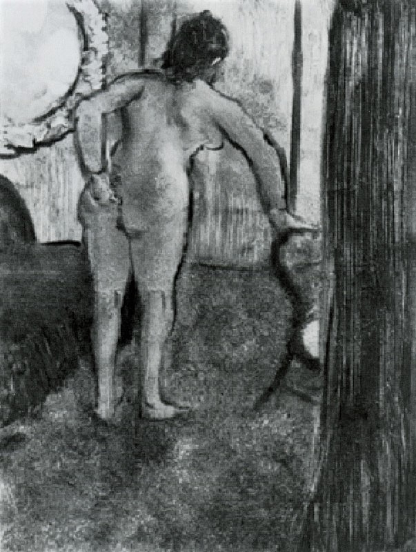 Edgar Degas: 6IE-1881-19+hc4-1, Esquisses noire: Femme nue =? 1879ca, Room in a brothel, monotype + ink, 21x16, Stanford UMA Palo Alto (iR10;R90I,p348;R90II,p180;R2,p363+354;Janis,1968,no87)