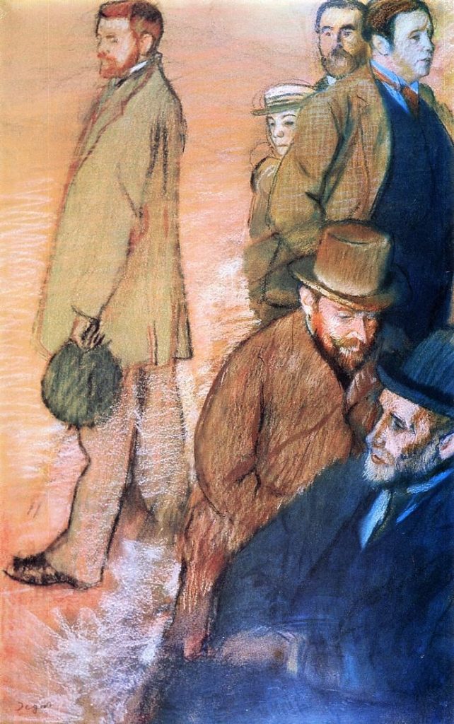 Edgar Degas, 1885, CR824, Six Friends of the Artist, pastel, 115x71, Providence SDMA (iR2;iR8;R90II,p240;R26,no641;R114,no824;M152) Compare: 8IE-1886-17, Ébauche de portraits (pastel), probably not exhibited.