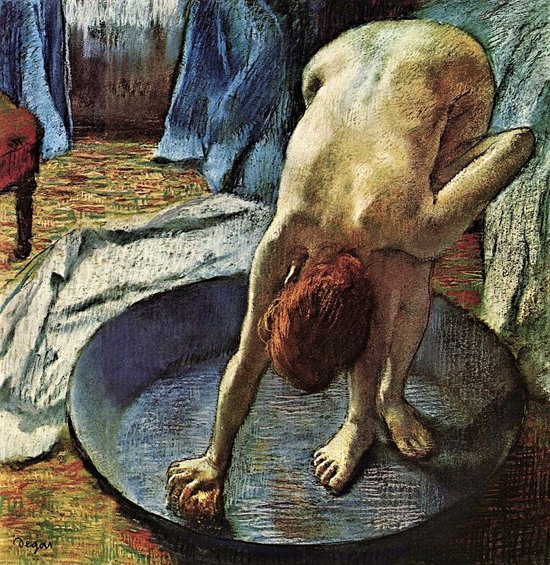 Edgar Degas, 1886ca, CR876, The tube (Woman in the Bath), pastel, 70x70, HSM Farmington (iR6;R26,no921;R2,p430+443) Compare: 8IE-1886-20, Suite de nuds... (pastels). Note: the emphasize on gestures.