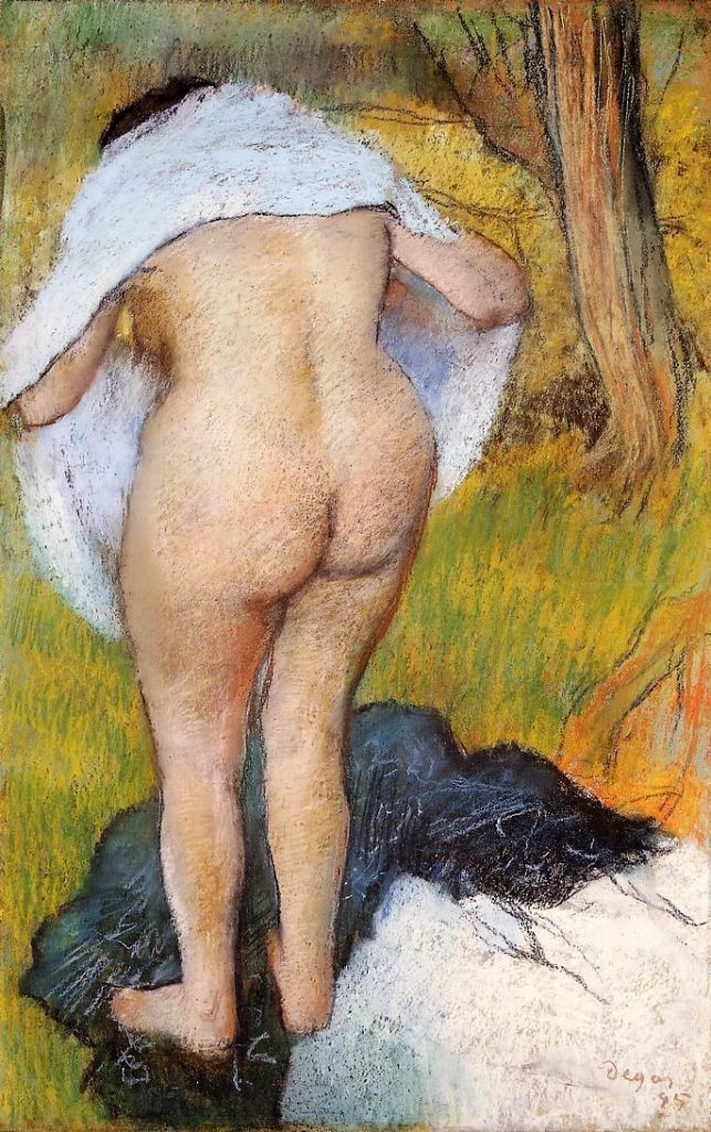 Edgar Degas: 8IE-1886-22, Suite de nuds de femmes ..., appartient à M.M. = 1885, CRsup113, SDbr, Après la bain, femme s'essuyant, (Girl Drying Herself), pastel, 80x51, NGA Washington (iR2;iR59;R2,p452+443;R90II,p241+259;R90I,p436+441+455;M21). Note: the woman is not drying but clothing herself.