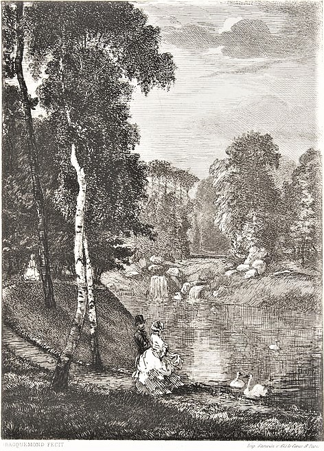 Félix Bracquemond: 1IE-1874-27-4, Bois de Boulogne =!? 1857, B158, Le Bois de Boulogne (les cascades, etch, 16x12 or 55x35, Metropolitan (iR6;R52,p65;R90II,p19+5;R2,p119;R85III,no158;M23)