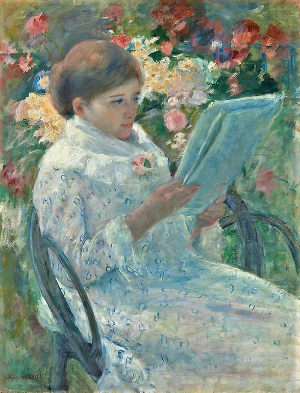 Mary Cassatt: 5IE-1880-20, Sur le balcon =!? 1878-80, CR94, Woman reading in a garden (on a balcony), 89x65, AI Chicago (iR92;iR2;iR6;iR59;aR1;R2,p310/1;R90II,p146+161;R187,no94;M20)
