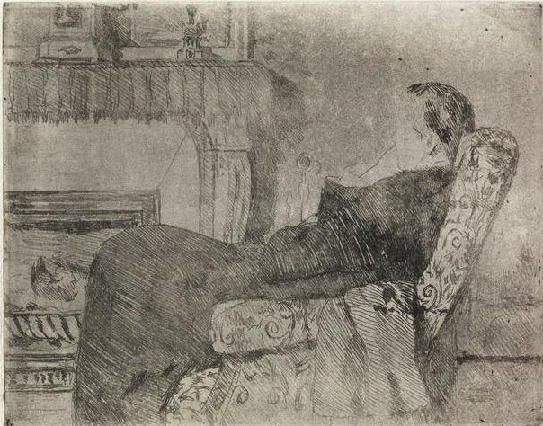 Mary Cassatt, 5IE-1880-29, au coin du feu. Option 1: 1882ca, CR64, before the fireplace (no.1), etch, 16x21, A2014/09/23 (iR11;R90II,p147+162;R188,no64;R2,p311)