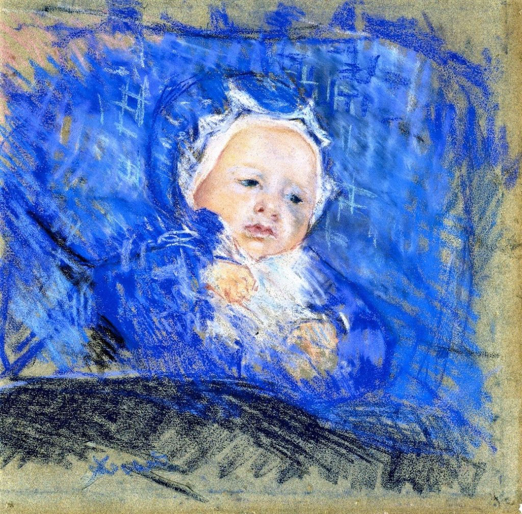 Mary Cassatt, 6IE-1881-11, Tête d'enfant, pastel. Very uncertain: 1881, CR132, Child on a Blue Cushion, pastel, 44x43, ML Baden (iR92;iR2;R187,p77;R2,p353)
