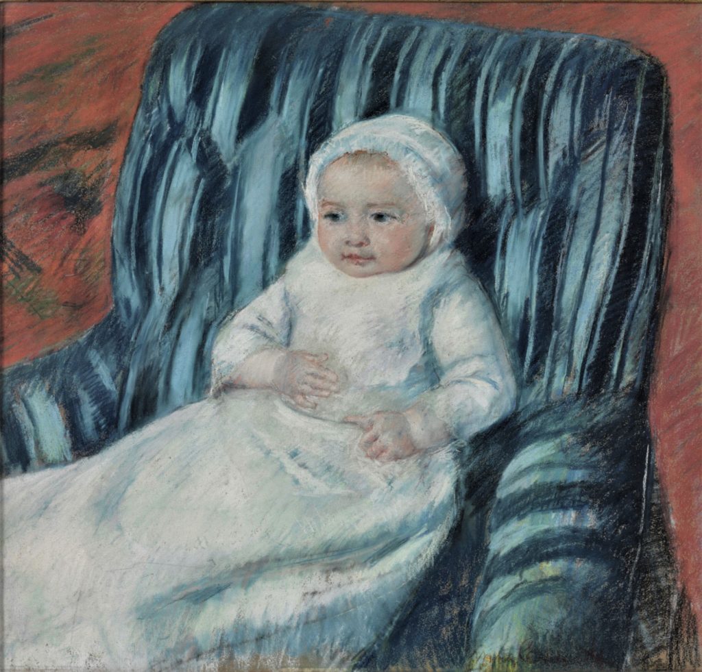 Mary Cassatt, 6IE-1881-7, Tête d'enfant, pastel. Very uncertain: 1880-81, CR53, Madame Bérard's Baby in a Striped Armchair, pastel, 63x67, Philadelphia MA (iR92;R187,p45;R2,p353)