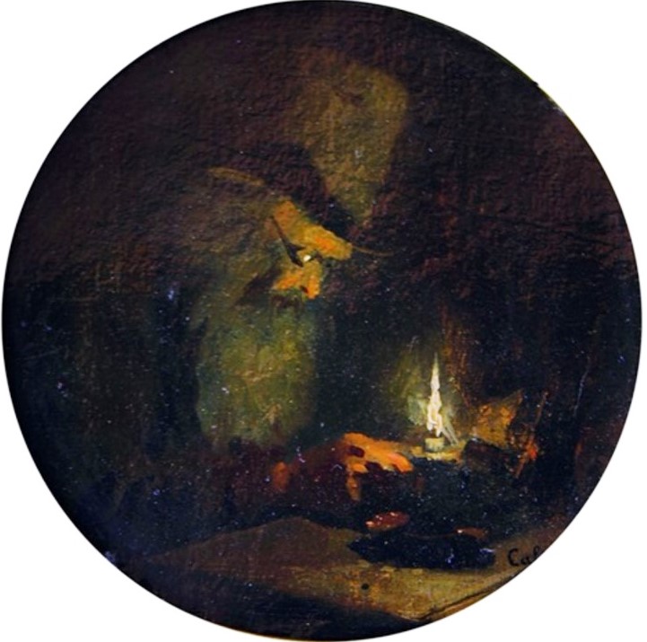 Adolphe-Félix Cals, S1845-250, Souterrain, effet de lampe. Uncertain: 18xx, Vieil homme à la chandelle, 18x18, A2012/05/27 (iR13;iR1)