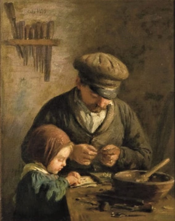 Adolphe-Félix Cals, S1853-203, Un amateur. Compare: Cals, 1859, Le raccommodeur de porte-monnaie (Père et fillette dans un atelier), 28x23, A2008/04/23 (iR13;iR1)