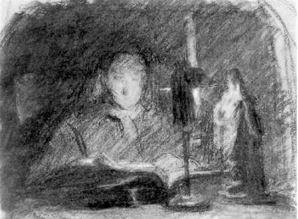 Adolphe-Félix Cals, S1853-204, Tête de jeune femme, étude à la lampe. Compare: 18xx, Femme assise à un bureau, lisant à la lueur d'une chandelle, dr, 17x22, A1999/10/27 (iR13;iR1)