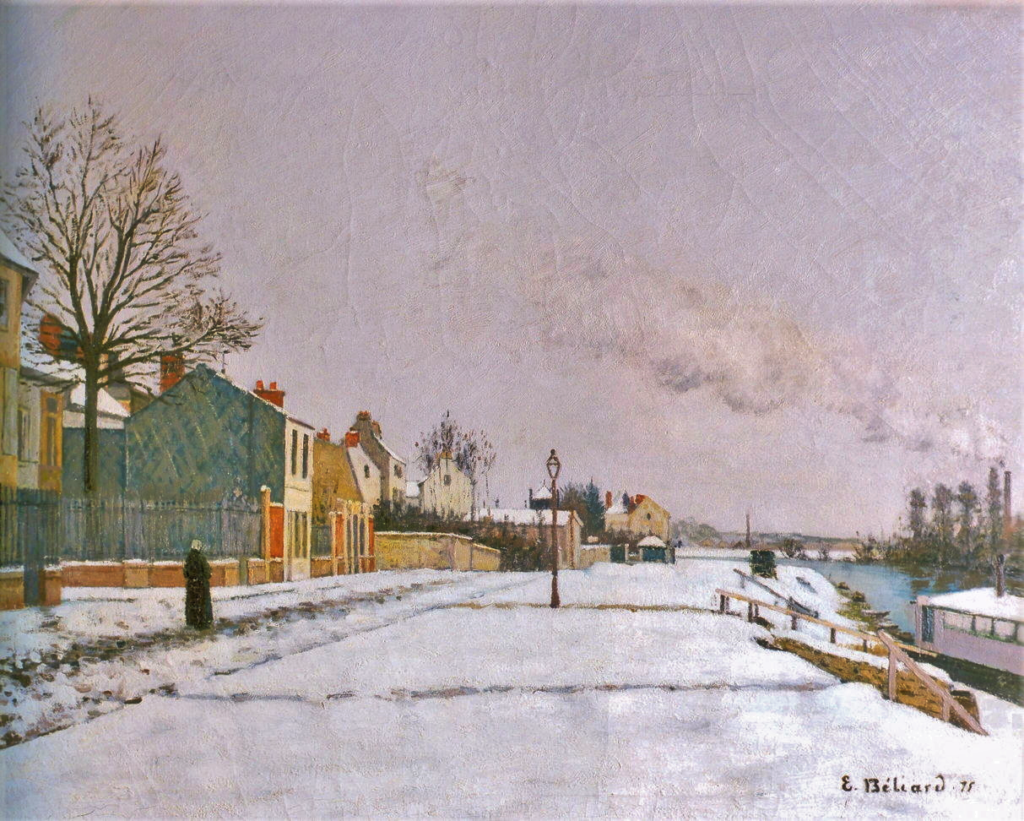 Edouard Béliard, 1875, Le Quai du Pothuis, effet de neige (Banks of the Oise), 74x94, MdÉtampes. Maybe: 2IE-1876-1, Bords de l'Oise.