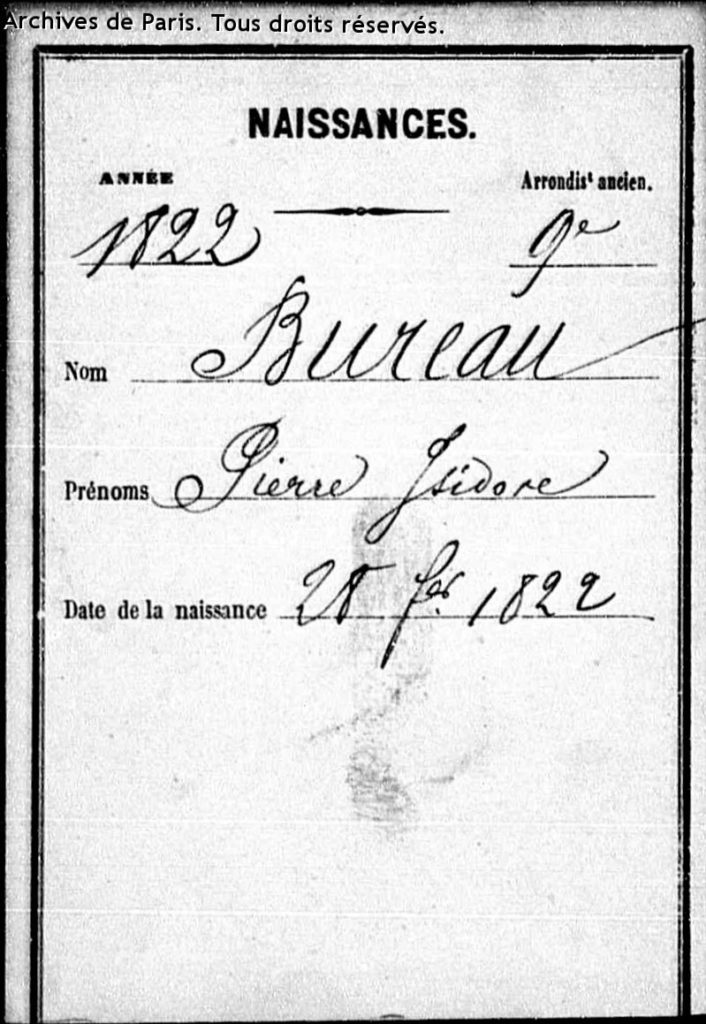 Pierre-Isidore Bureau, 1822/02/28, birth certificate, Paris (aR8)