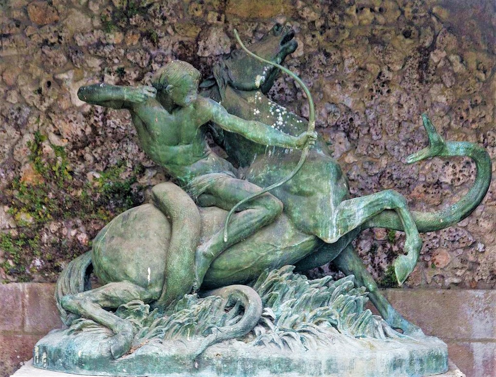 Auguste-Louis-Marie Ottin: 1846, An Indian hunter attacked by a Boa, bronze, xx, Fontainebleau Chateau (iR6;iR125;iR10;iR119;iR1) =!? S1846-? (1st class medal); S1857-3043 =!? S1857-3043, Chasseur indien surpris par un boa; groupe, bronze