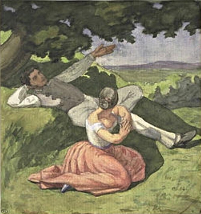 Léon Auguste Ottin, 1854, Couple se reposant dans la campagne, wc, 20x27, Louvre (iR23;M5;R2,p122) Compare 1IE-1874-129, Après la messe à la campagne.