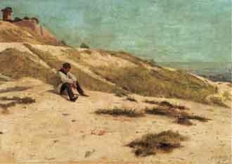Léon Auguste Ottin, 1875, Young man sitting on a dune (boy sitting on the beach), oil on wood, 21x33, A2006/05/20 (iR10;iR12;aR2;iR13) =??? S1875-1570 La butte Montmartre, le matin; Peinture