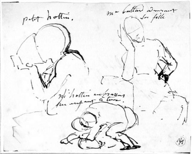 Ingres, 1836, Le Petit Ottin buvant; Mme Baltard; Ottin jouant avec son fils, dr, 11x14, Musée Ingres Montauban (iR23)