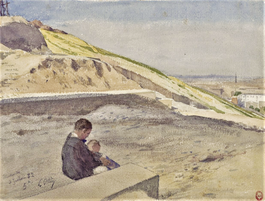 Léon-Auguste Ottin, 1882/07/03, Garçon assisse sur un plâteau dans Montmartre, wc, 24x33, BNF Paris (iR40;aR21;iR10;R2,p122) Compare: 2IE-1876-187, Le Plateau de la Butte