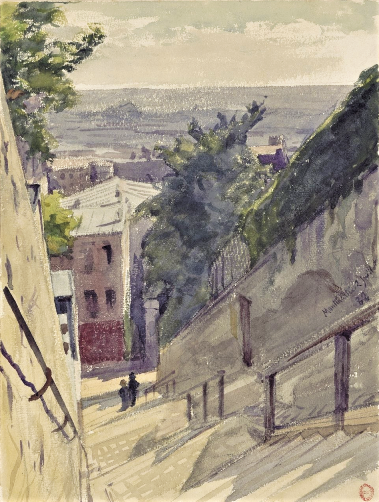 Léon-Auguste Ottin, 1882/07/02, Escalier de la rue du Mont Cenis (Montmartre, 18e, Clignancourt), dr wc, 33x25, BNF Paris (iR10;iR40;R2,p264) Compare: 2IE-1876-189, La rue du Mont-Cenis (Butte Montmartre)+ 2IE-1876-195, 3e Rue du Mont-Cenis.