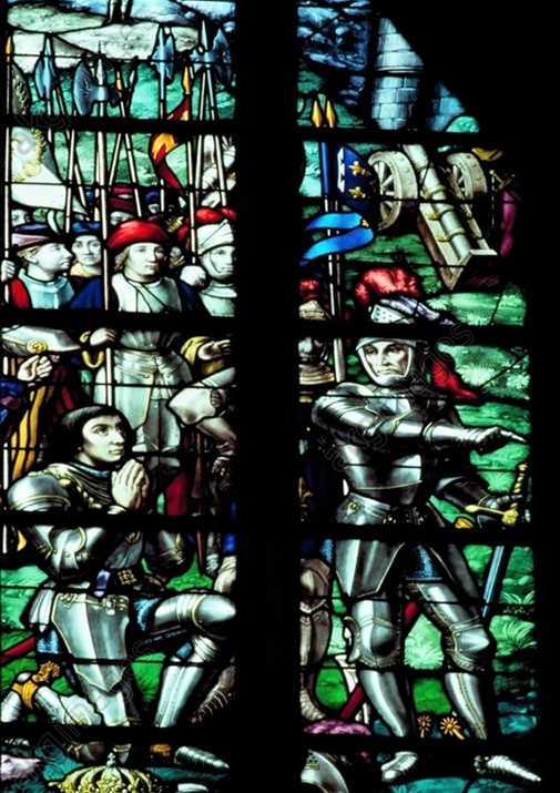 Léon Auguste Ottin, S1876-p537-1, Eglise Notre-Dame-de-Cléry (Loiret): Le voeu de Dieppe, vitrail =? vitrail (upper side), 30x42, Notre-Dame-de-Cléry (Loiret) (iR128;iR10;iR1)