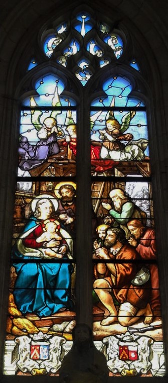 Léon Auguste Ottin, S1876-p537-3, Eglise Notre-Dame-de-Cléry (Loiret), L'Adoration des bergers, vitrail, =? stained glass window, Basilique Notre-Dame de Cléry (iR6;iR10;iR1)