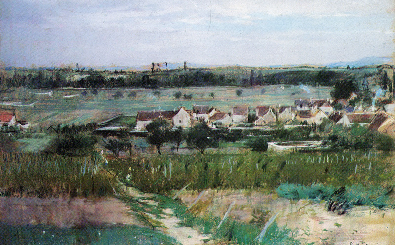 Berthe Morisot, 1IE-1874-109, Un village. Now: 1873, CR424, The Village of Maurecourt, pastel, 47x72, private NY