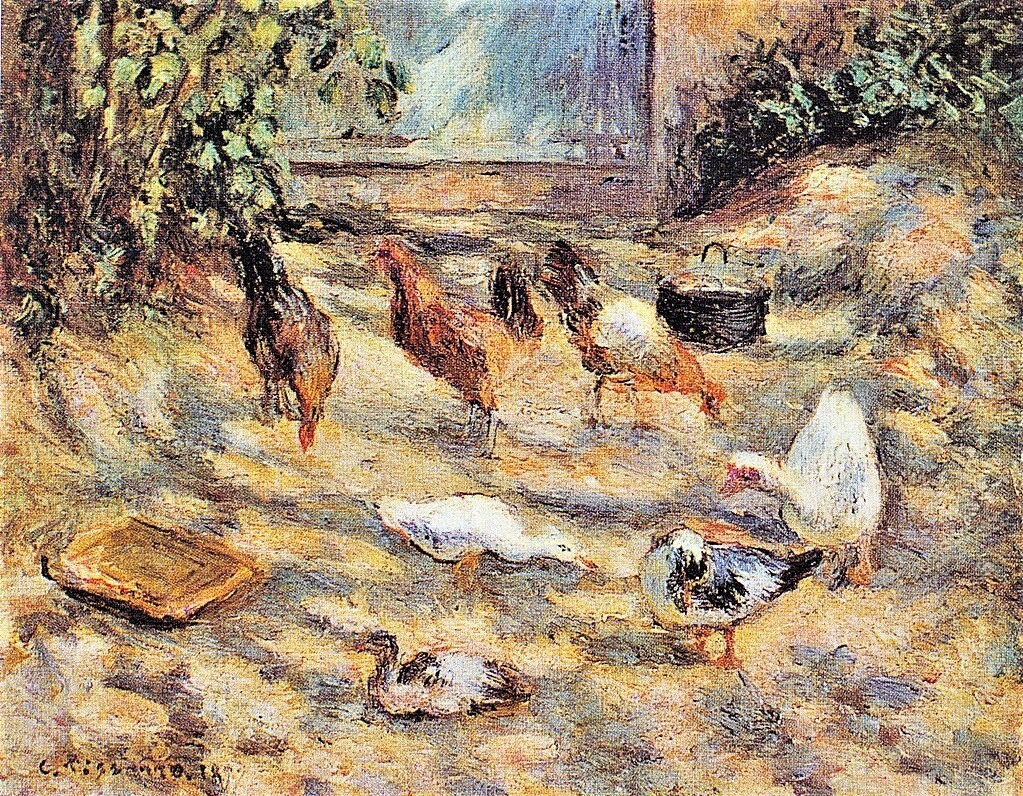 Camille Pissarro, 3IE-1877-178, Basse-cour, pluie. Maybe: 1877, CCP497, The hens, barnyard at the Red house, Pontoise, 33x41, private (iR10;iR94;R116,CCP497;R2,p206)